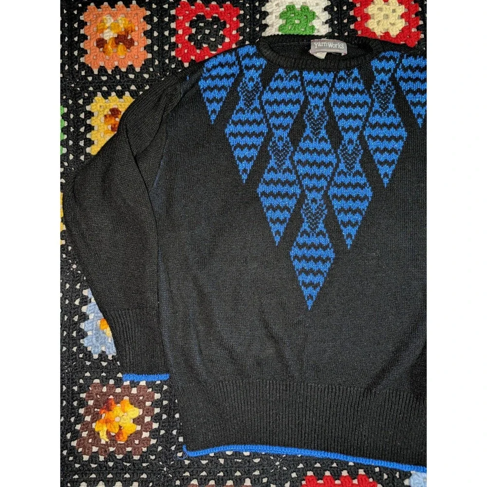 YarnWorks Sweater Blue Black Diamond Glitter Crewneck‎ Pullover Women's Large